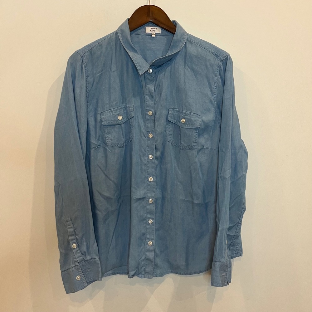 Crown & Ivy Womens XL Blue Tencel Lyocell Button Down Chambray Shirt Long Sleeve